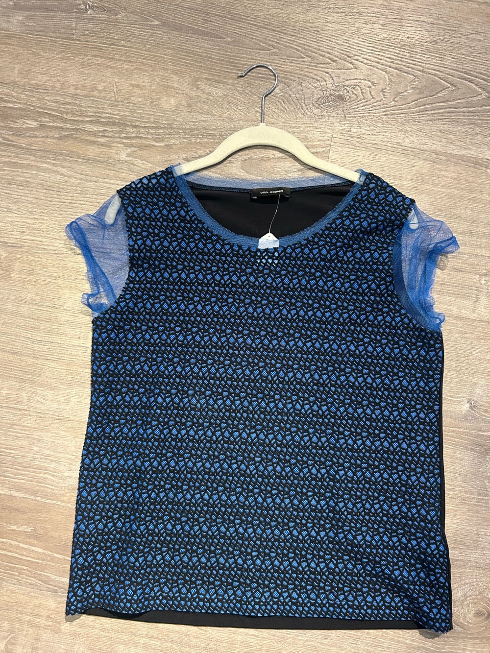 Cop Copine Mesh Sleeve Crew Neck Blouse Blue Black Size M